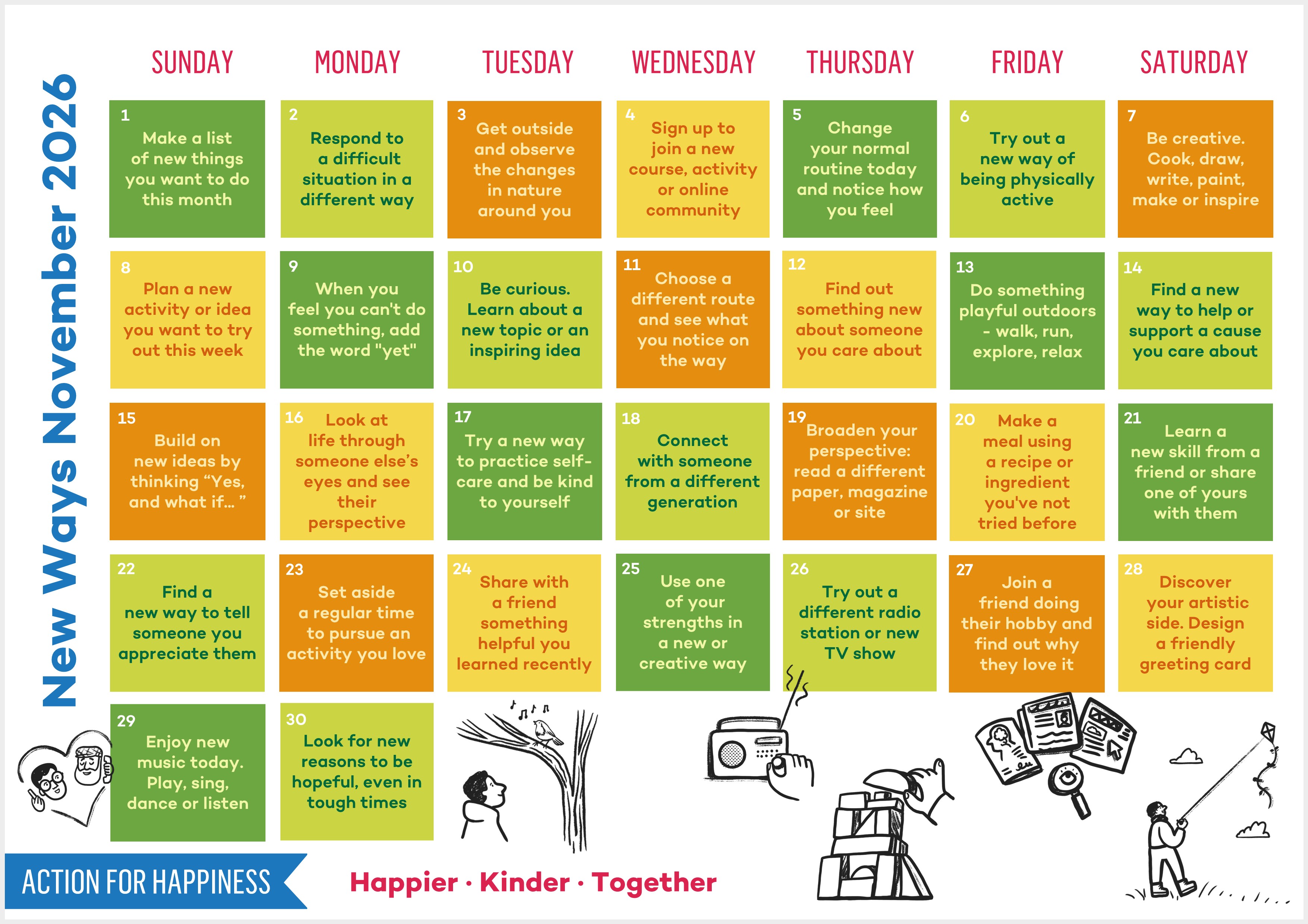 A November 2026 calendar titled 'New Ways November 2026' features daily mindfulness and kindness prompts.