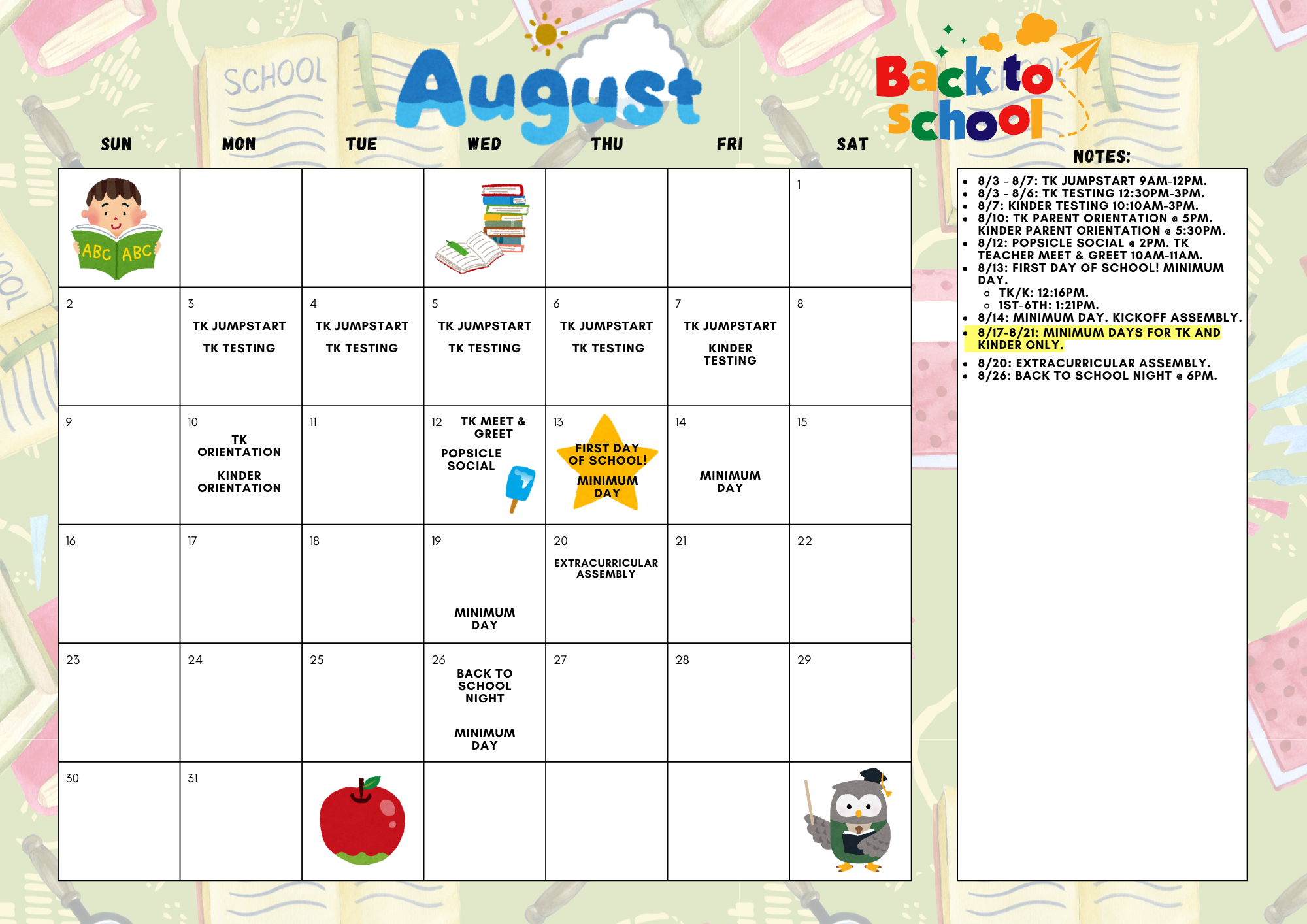 August Calendar + Drop Off / Pick Up Information