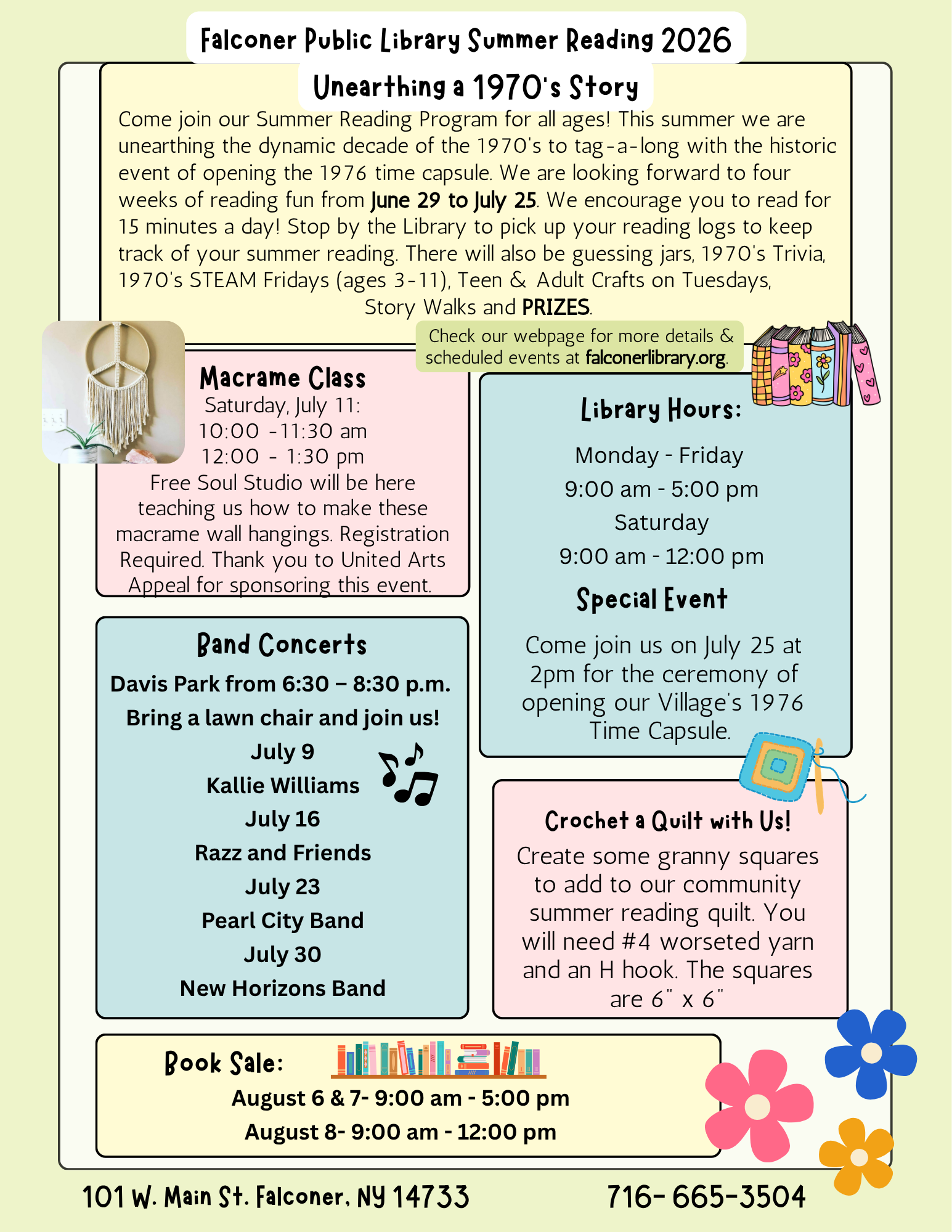 Poster for Falconer Public Library's Summer Reading Program 2026, themed 'Unearthing a 1970's Story', featuring events like Macrame Class, Band Concerts, and a Book Sale.