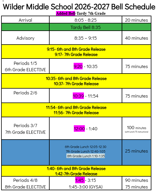 Wilder Middle School 2026-2027 Bell Schedule showing arrival, advisory, class periods, and lunch times.