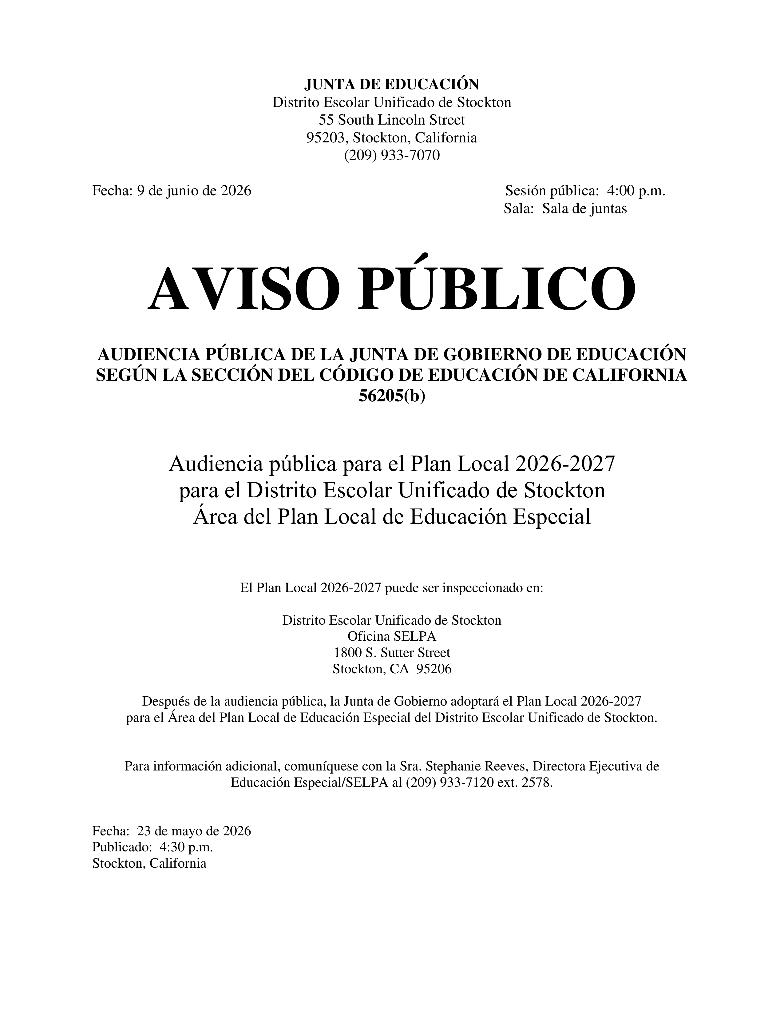 Public notice from the Stockton Unified School District regarding a public hearing for the 2026-2027 Local Plan for Special Education.