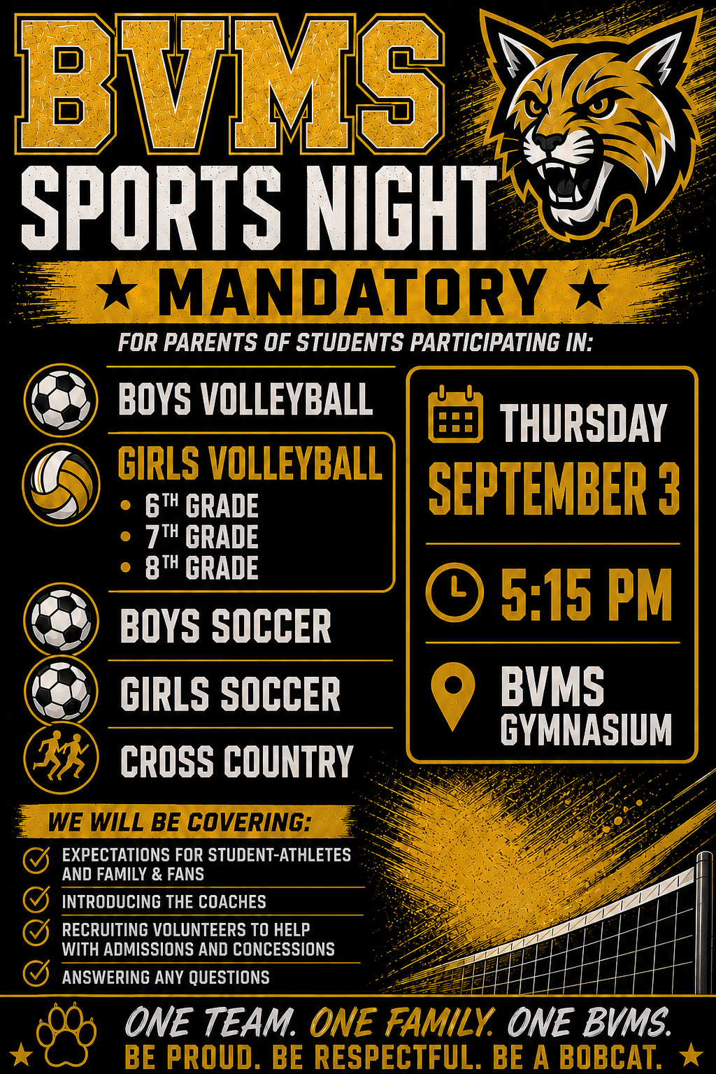 Mandatory Sports Meeting for Parents of Student-Athletes-Thursday, September 3 at 5:15 pm