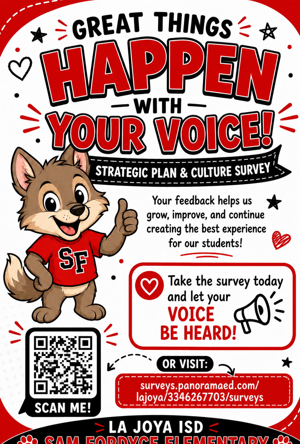 Great things happen with your voice!  Take the survey.
