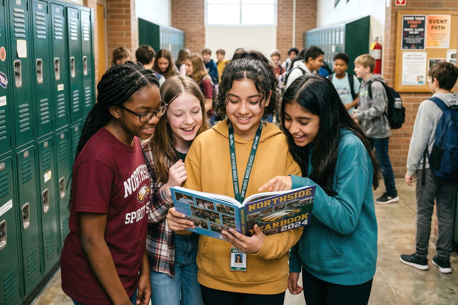 Four smiling students gather in a school hallway, looking at a yearbook.