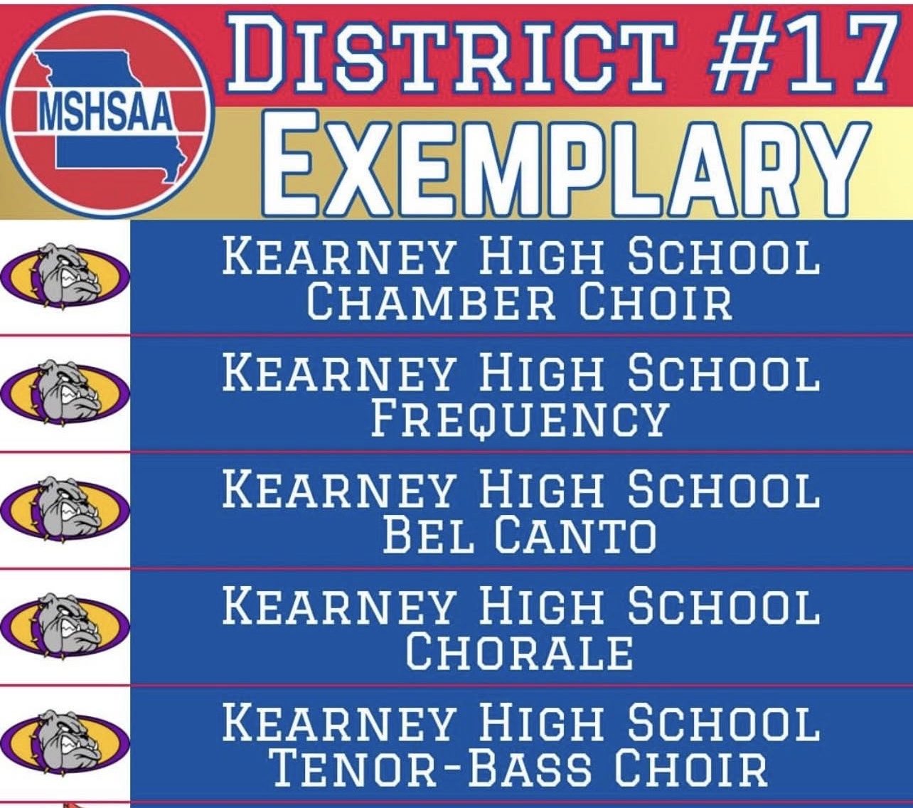 MSHSAA District #17 Exemplary award for Kearney High School choirs.