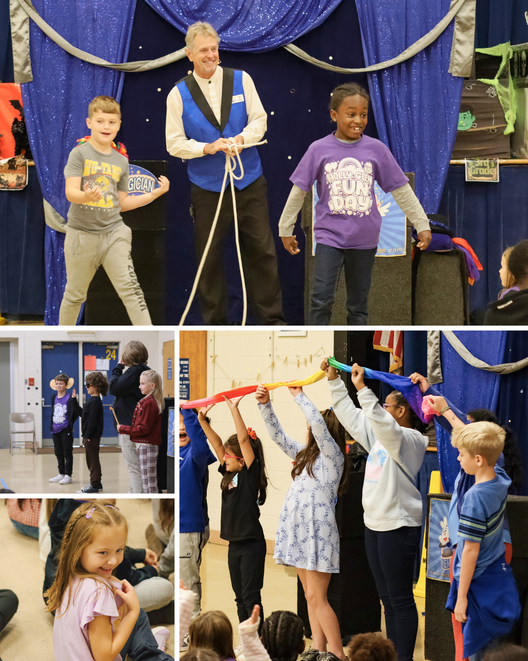A magician performs on stage with two children assisting him, holding a rope with a blue backdrop.