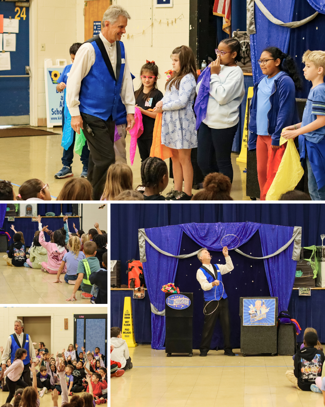 A magician performs magic tricks on stage for an audience of children in a school gym.