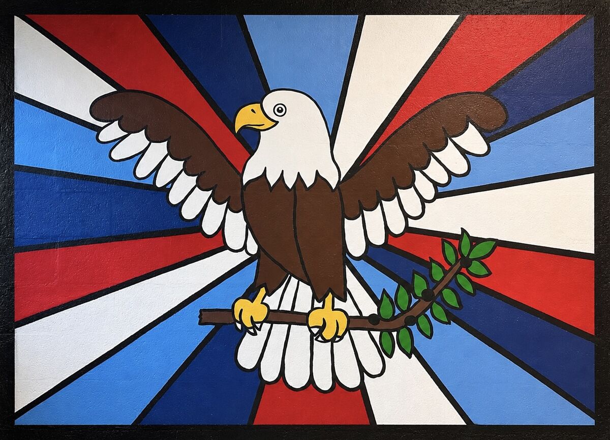 A stylized bald eagle with outstretched wings perches on a branch with green leaves, set against a background of radiating red, white, and blue stripes.