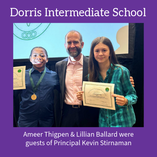 Ameer Thigpen and Lillian Ballard, students at Dorris Intermediate School, pose with Principal Kevin Stirnman, holding certificates.