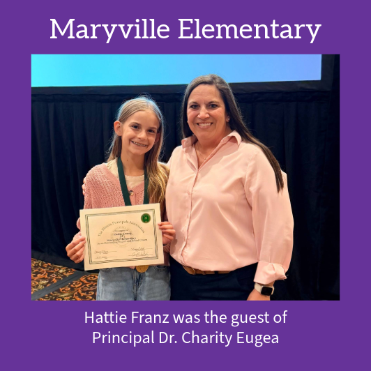 Maryville Elementary students Hattie Franz and Principal Dr. Charity Eugea pose with an award.