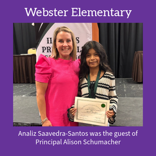 Principal Alison Schumacher of Webster Elementary congratulates Analiz Saavedra-Santos, who holds a certificate.