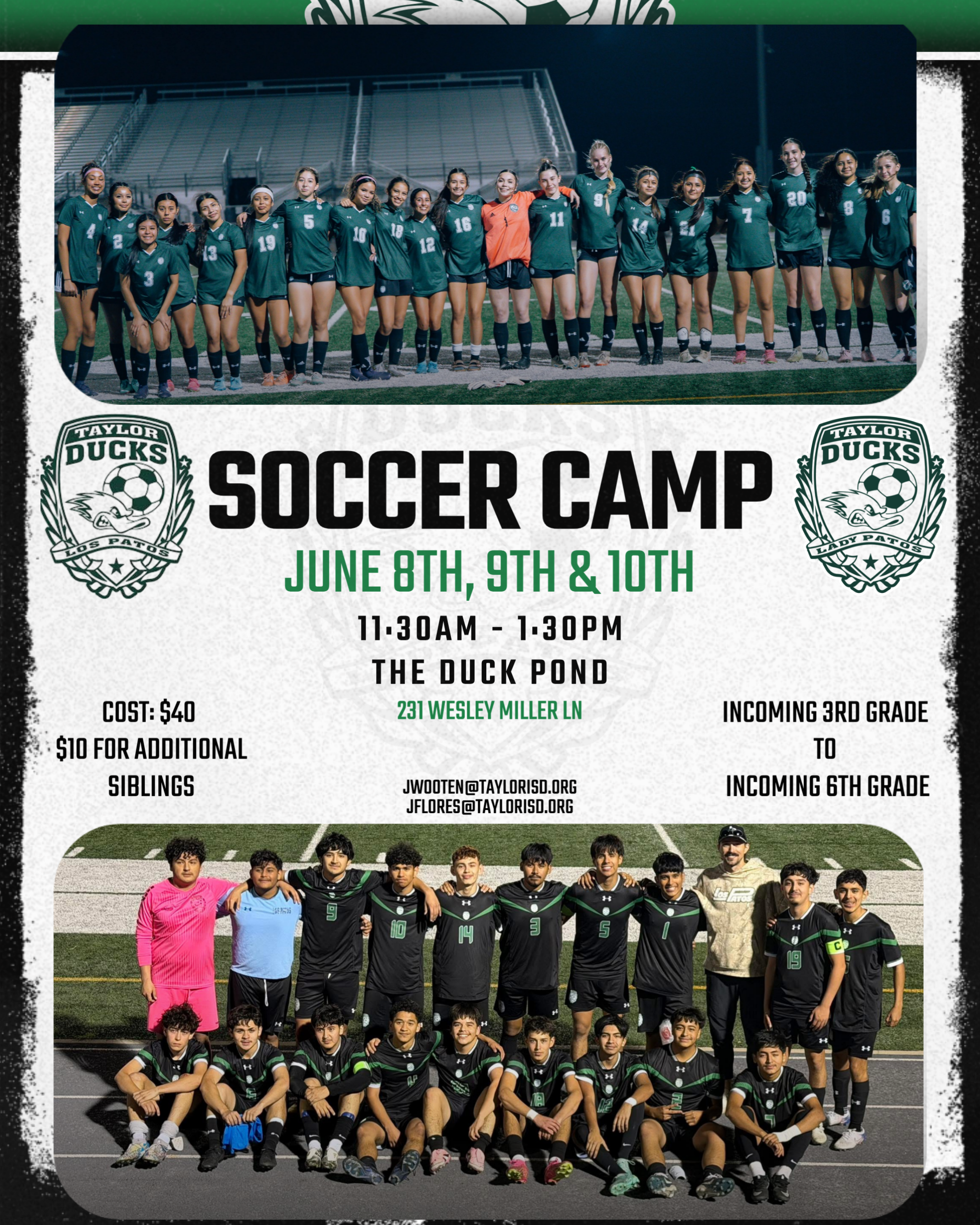Poster advertising the Taylor Ducks Soccer Camp from June 8th-10th, for incoming 3rd to 6th graders.