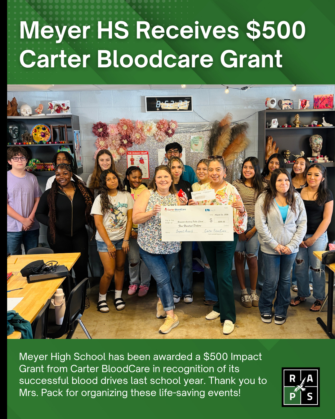 Meyer HS Receives $500 Carter BloodCare Grant +  Upcoming Drive on September 1