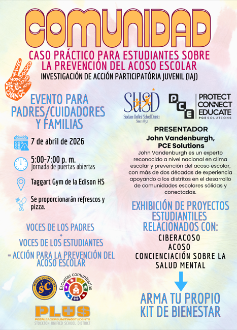 Poster for 'Comunidad' event on school bullying prevention for students and families, April 7, 2026.