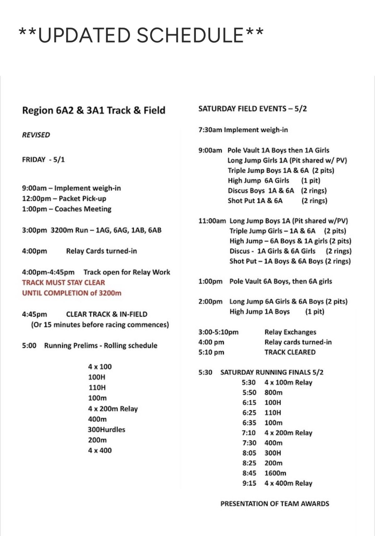 Updated Regional Track Schedule of Events