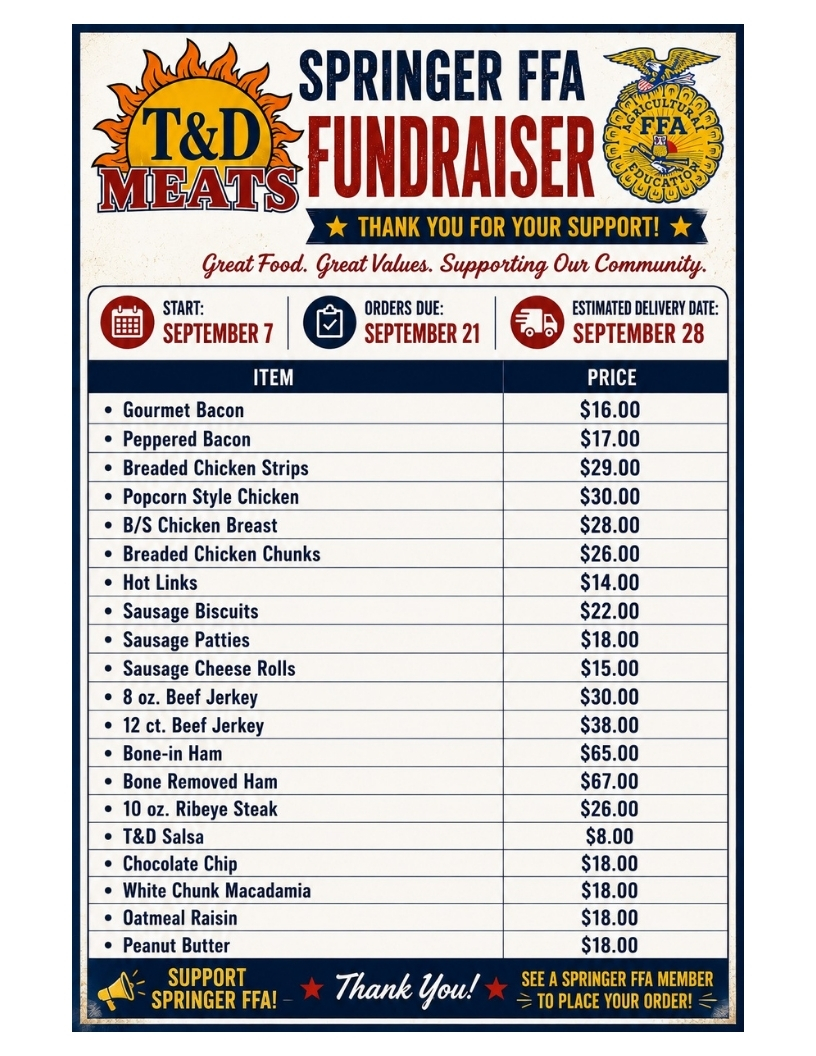 Poster for the Springer FFA Fundraiser featuring T&D Meats, with a list of items and prices.