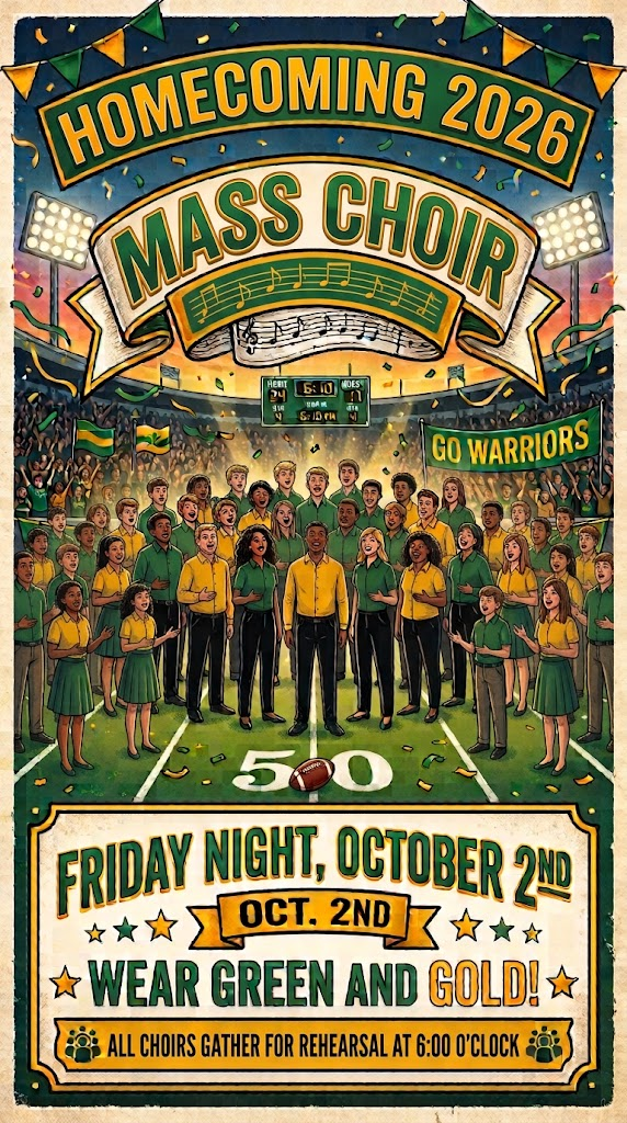 A poster for Homecoming 2026 Mass Choir, featuring a large group of people in green and gold standing on a football field with stadium lights in the background.