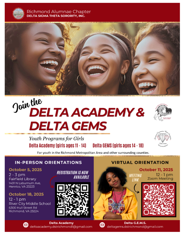 A promotional flyer for the Richmond Alumnae Chapter of Delta Sigma Theta Sorority, Inc., inviting girls to join Delta Academy and Delta GEMS youth programs.
