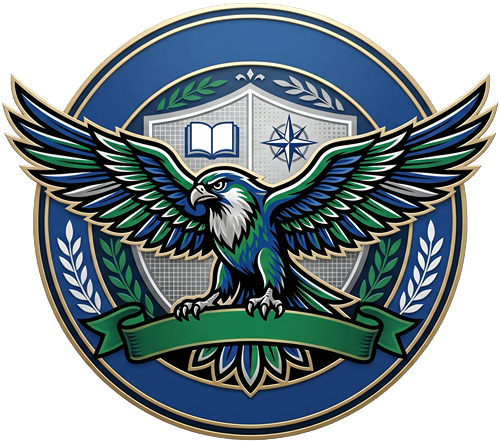 A circular crest with a blue background features a majestic eagle with outstretched wings perched above a blank green banner.