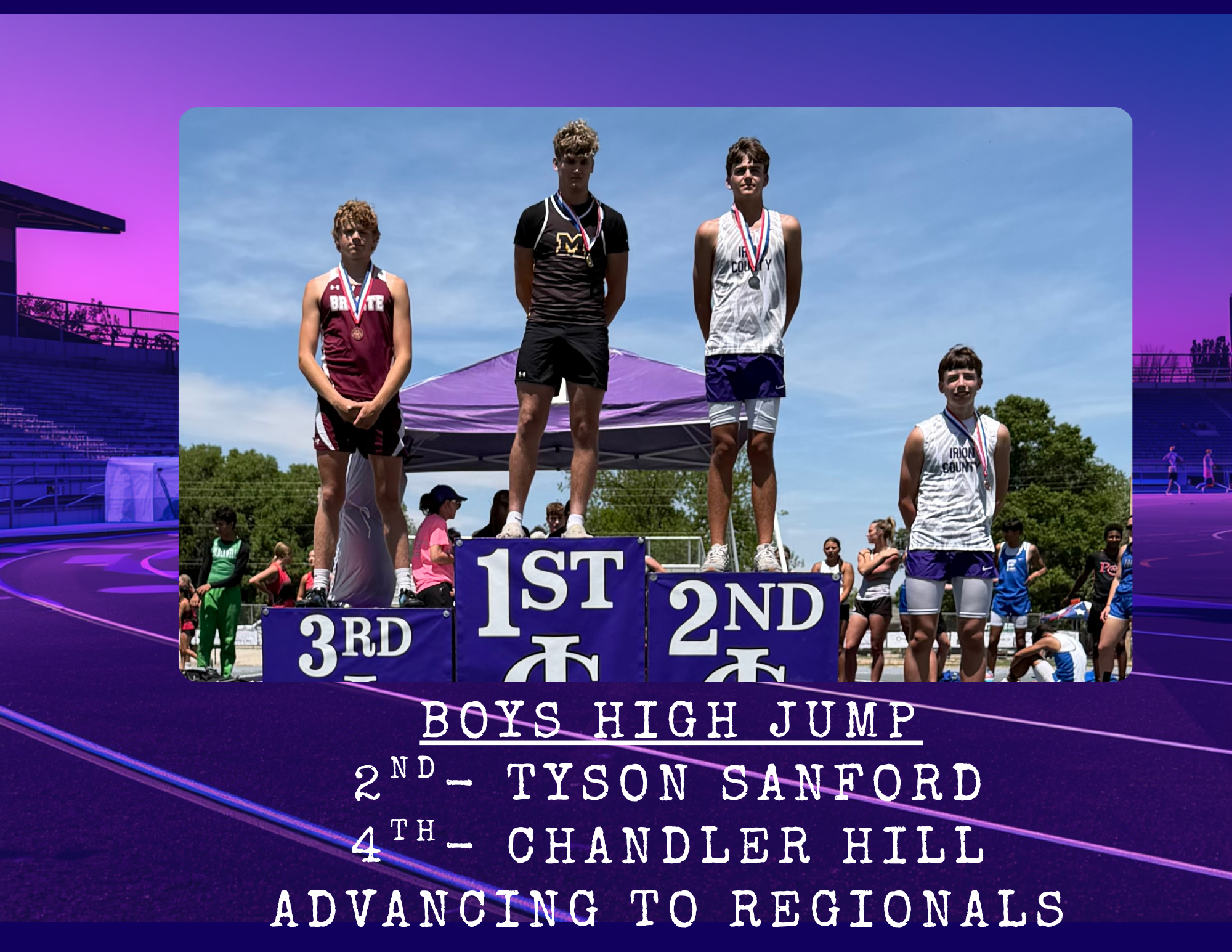 Three male athletes stand on a podium, receiving medals for the Boys High Jump competition.
