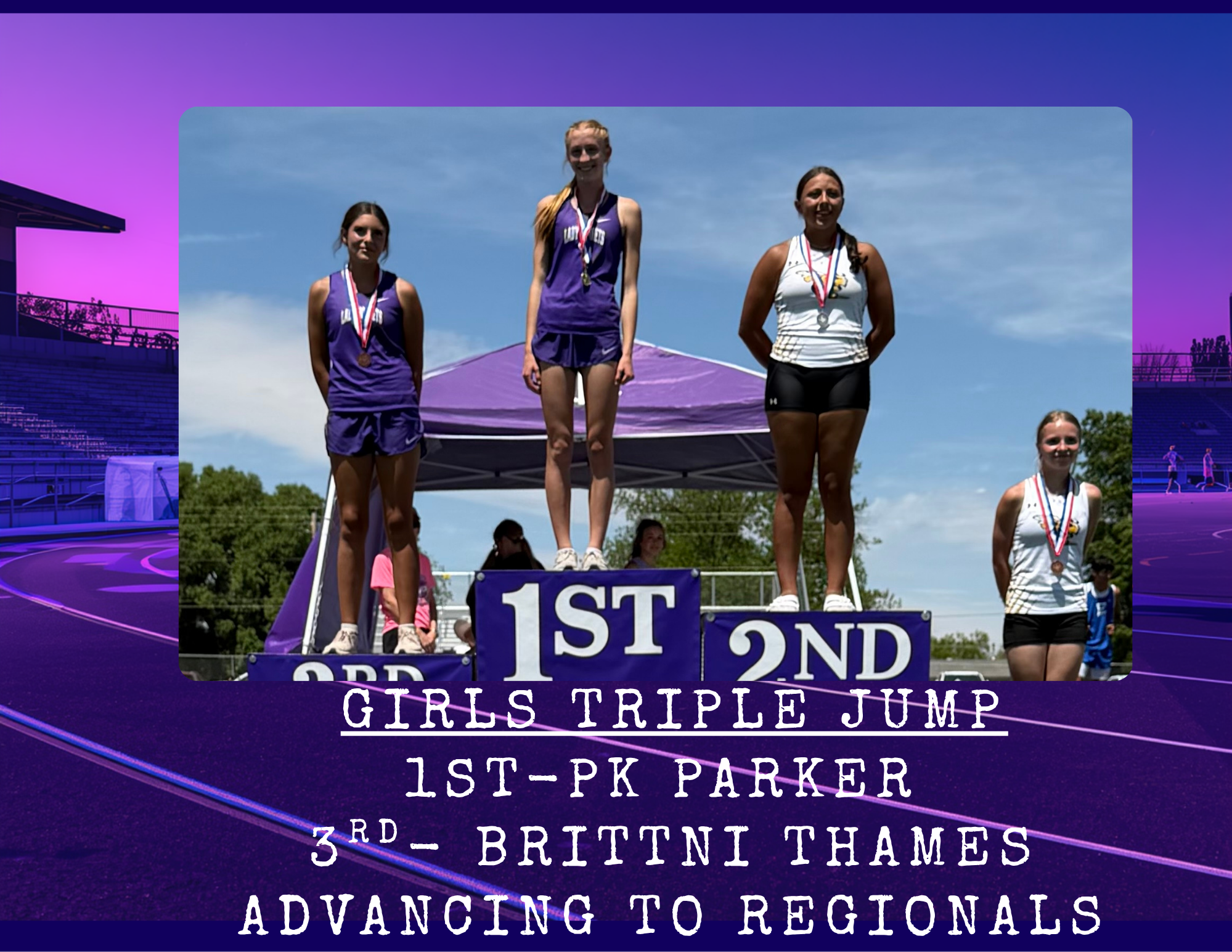 Three female athletes stand on a podium, receiving medals for the Girls Triple Jump event.
