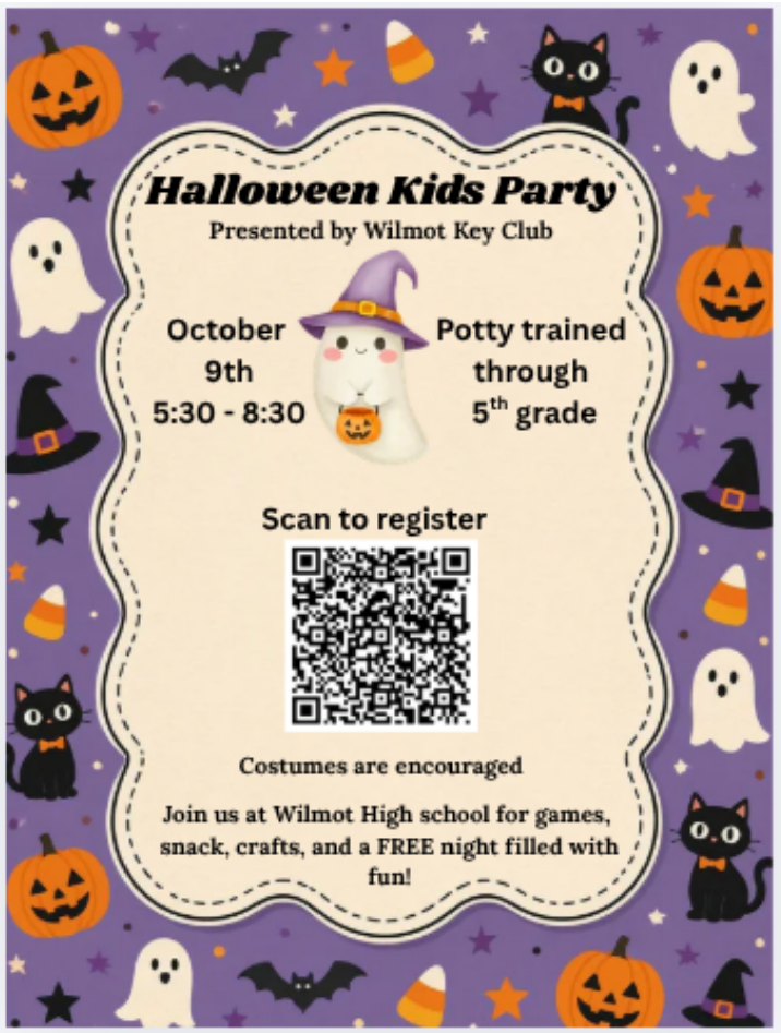A Halloween Kids Party flyer with a purple background, pumpkins, ghosts, and black cats, featuring event details and a QR code.