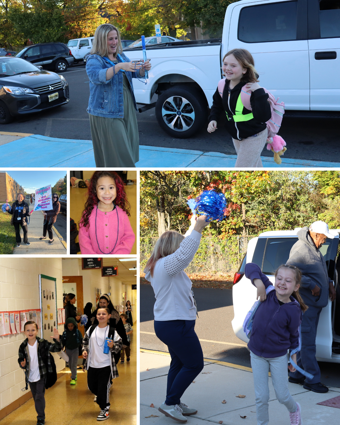 A collage of six photos shows students arriving at school, greeted warmly by teachers cheering and holding signs.