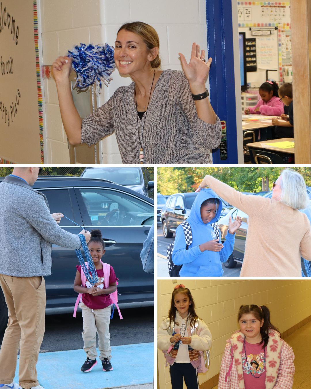A collage shows students and teachers participating in school events, holding pompoms and beaded necklaces.