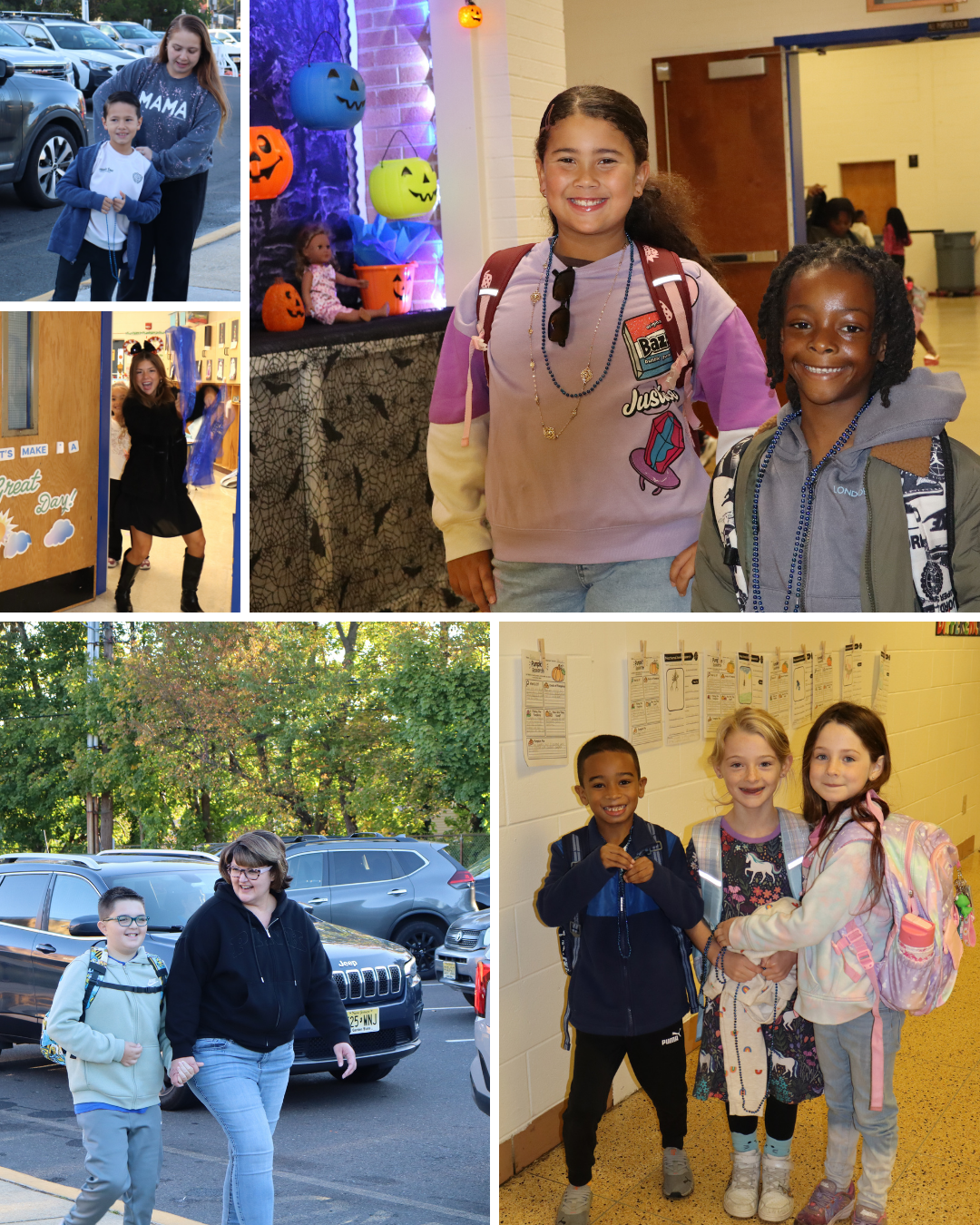 A collage of six photos showing children and teachers smiling during a school day, with some Halloween decorations.