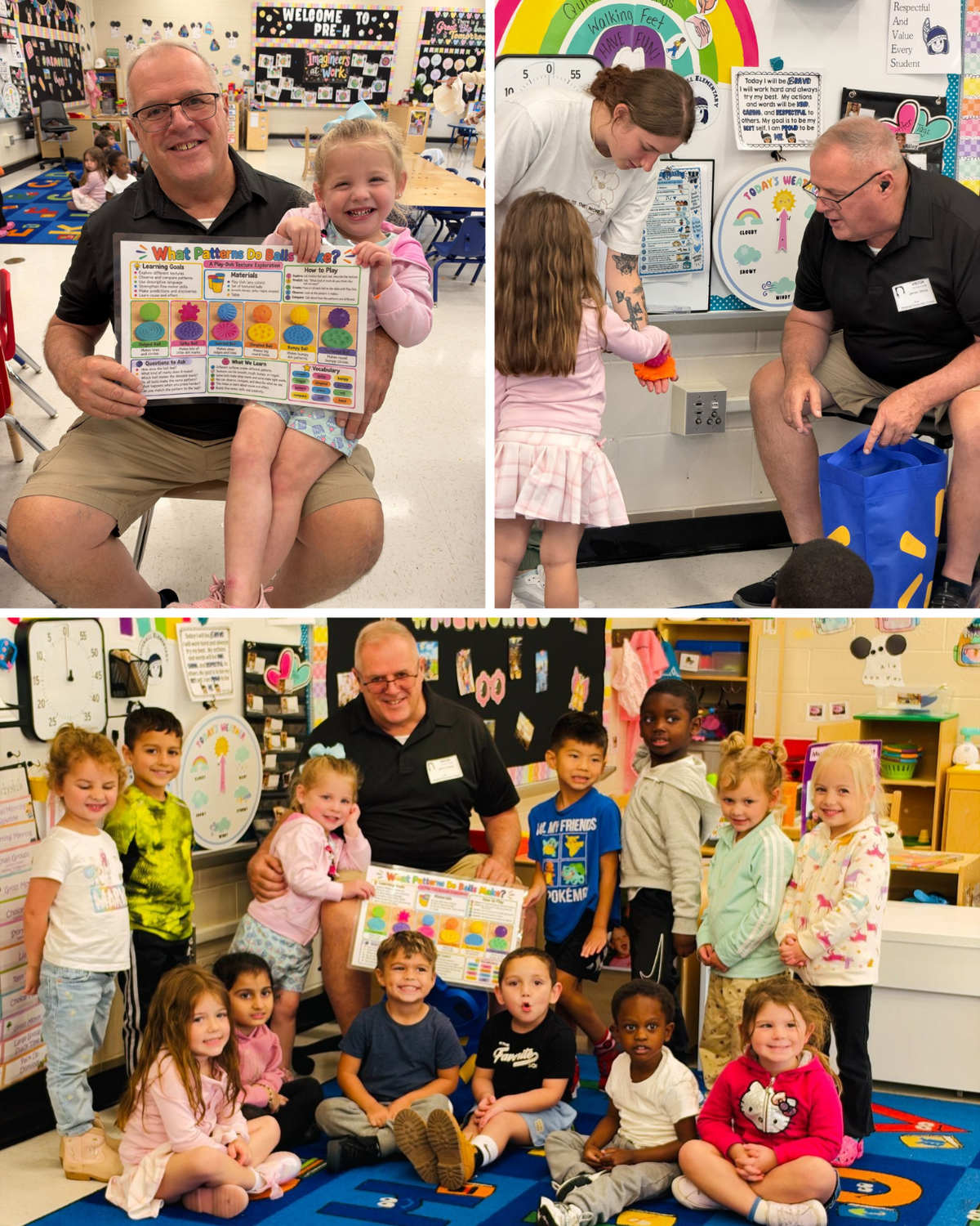 A smiling man and a young child hold a chart titled "What Patterns Do Balls Make?" in a brightly decorated classroom.
