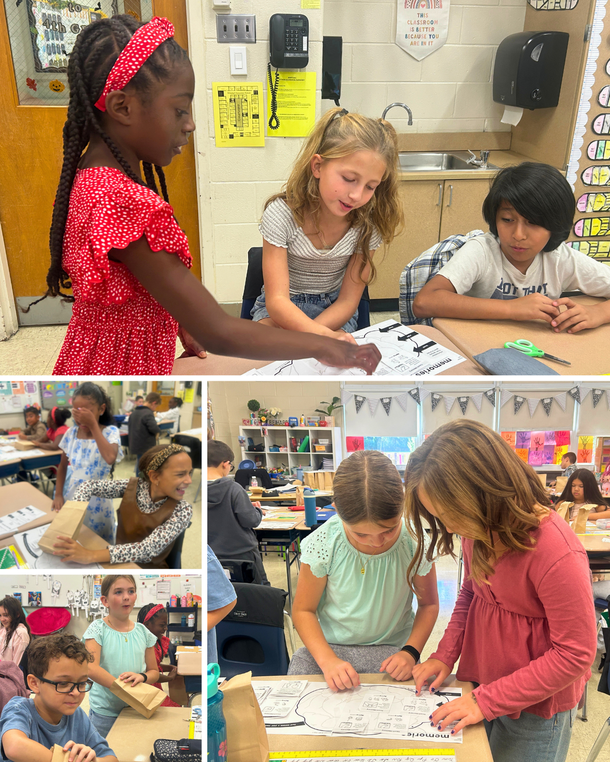 A collage shows children engaged in collaborative classroom activities, including arts and crafts and working on worksheets.