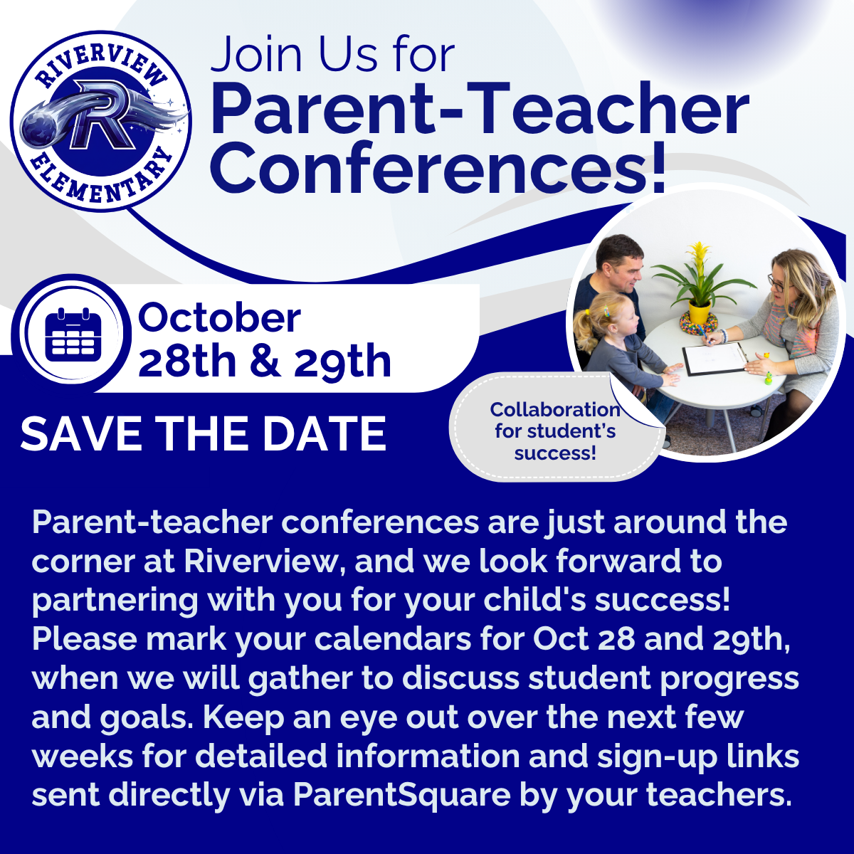 A promotional graphic for Riverview Elementary announces Parent-Teacher Conferences on October 28th and 29th.