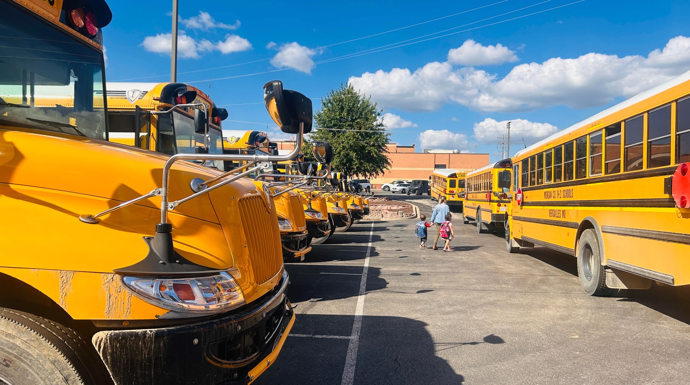 A row of bright yellow school buses parked under a blue sky with fluffy clouds.