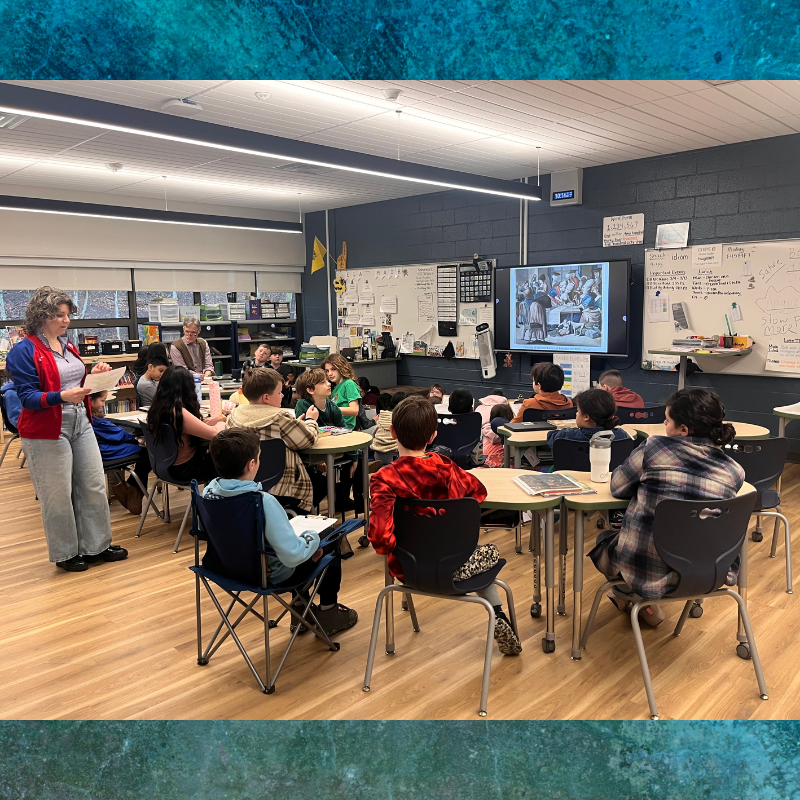 A group of students listen to a presentation. 