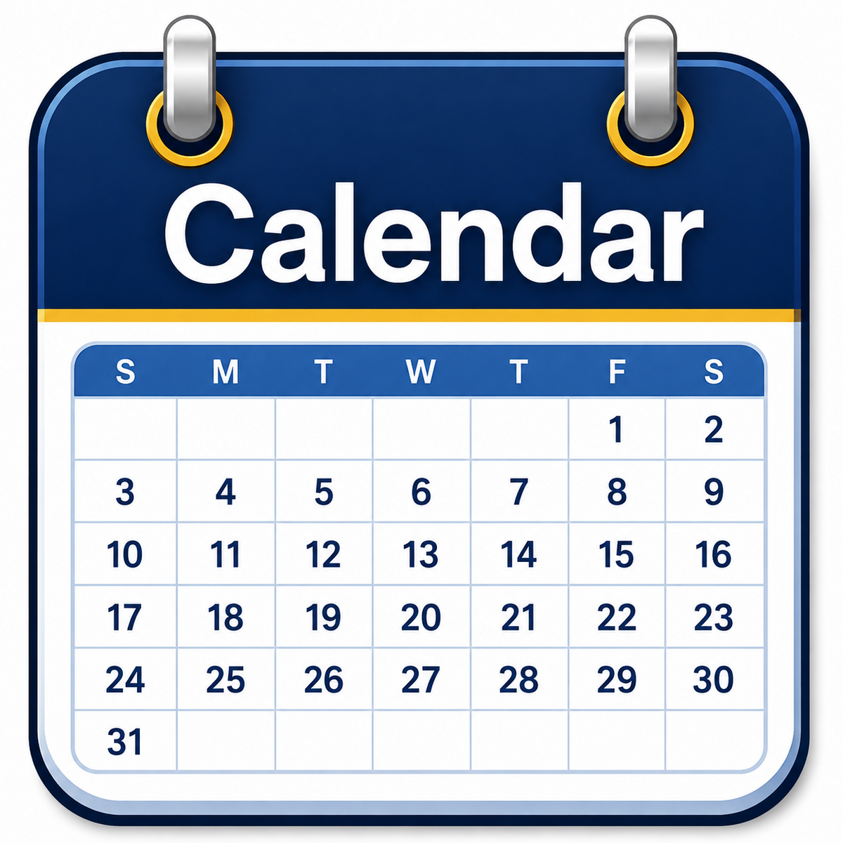 A calendar displays the days of the month, with the word 'Calendar' at the top.