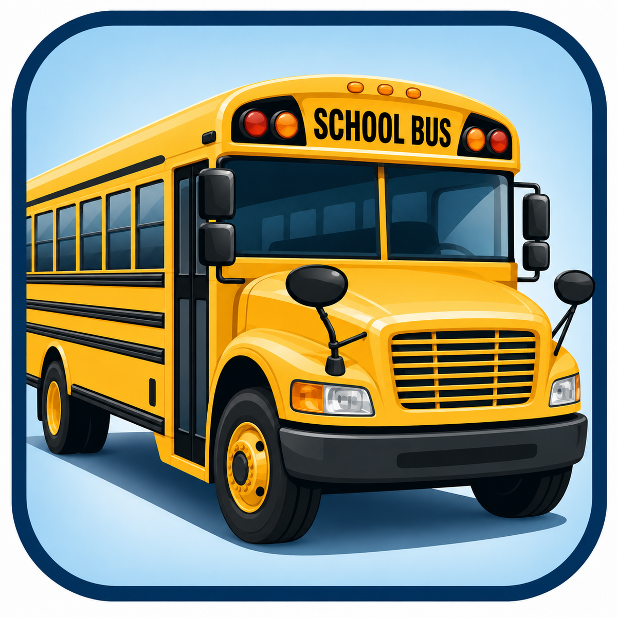 A bright yellow school bus with 'SCHOOL BUS' text on the front.