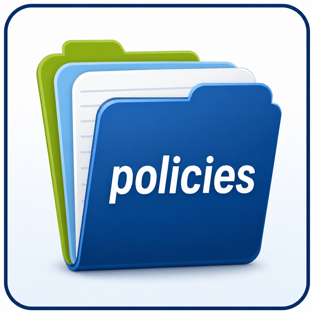 A stack of colorful file folders, with the word 'policies' prominently displayed on the front blue folder.