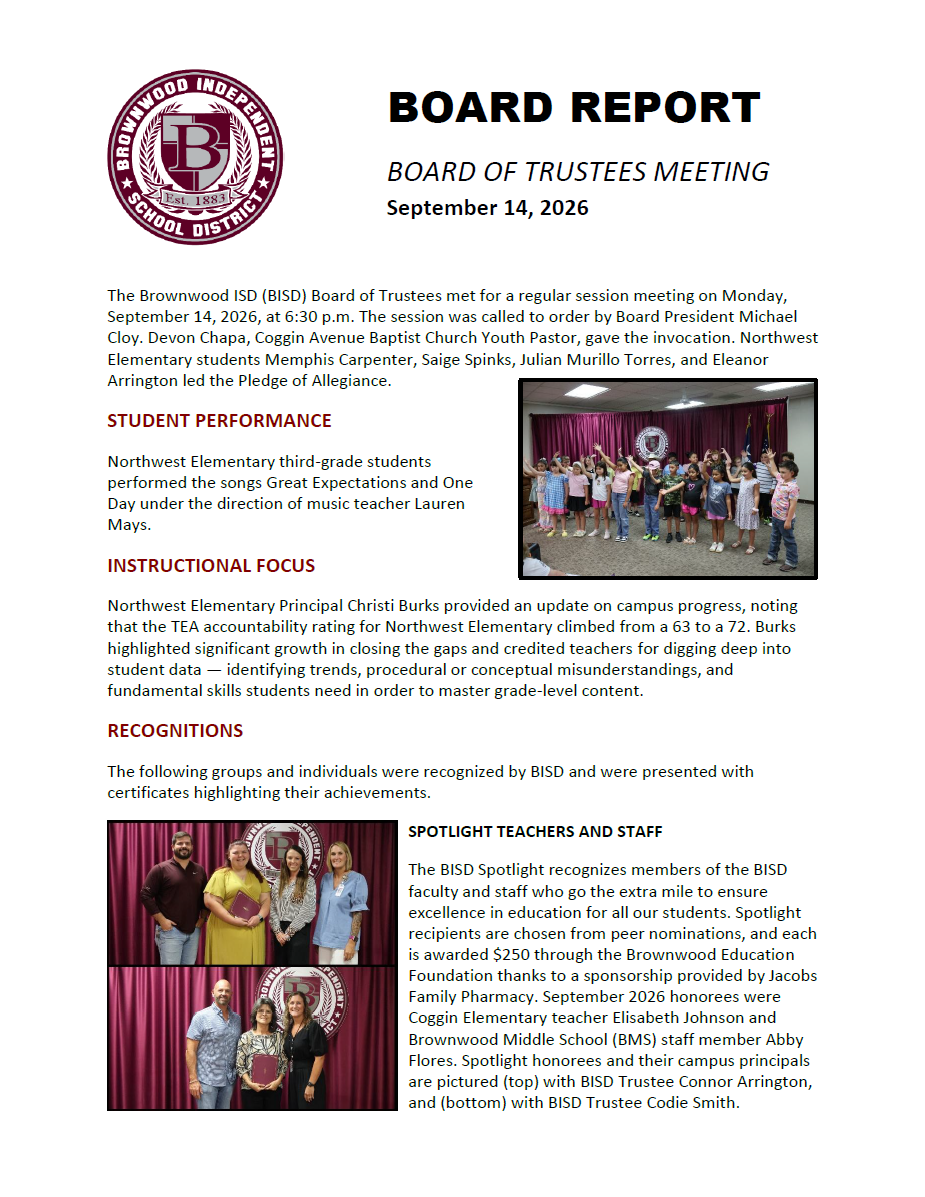 BISD Board of Trustees Meeting Report (09-14-2026)