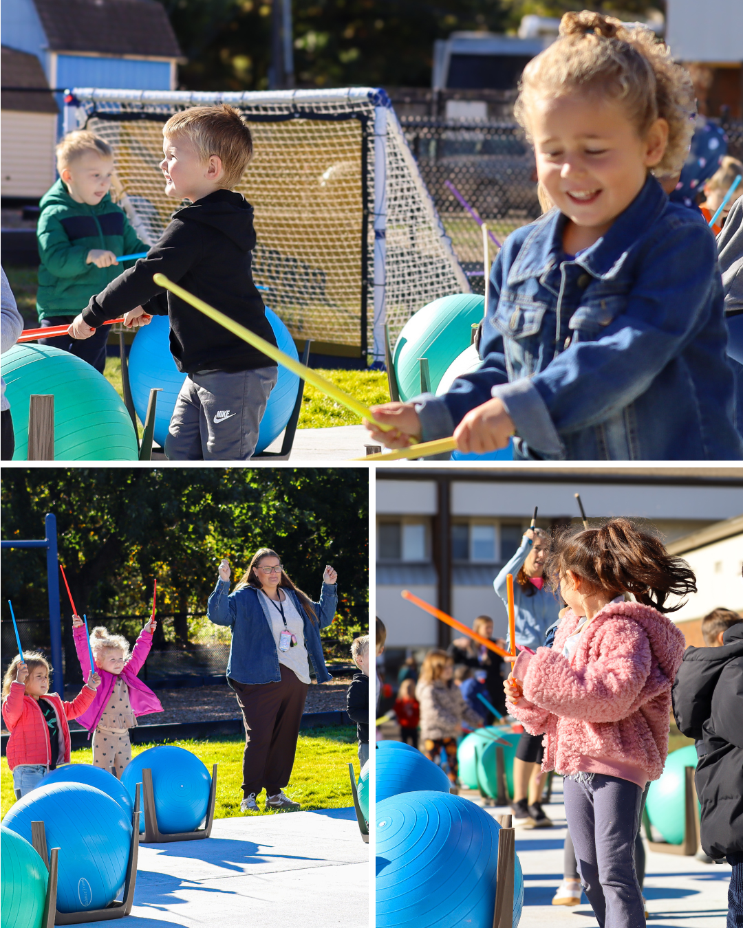 A collage of children participating in a rhythmic drumming activity outdoors with blue exercise balls and drumsticks.