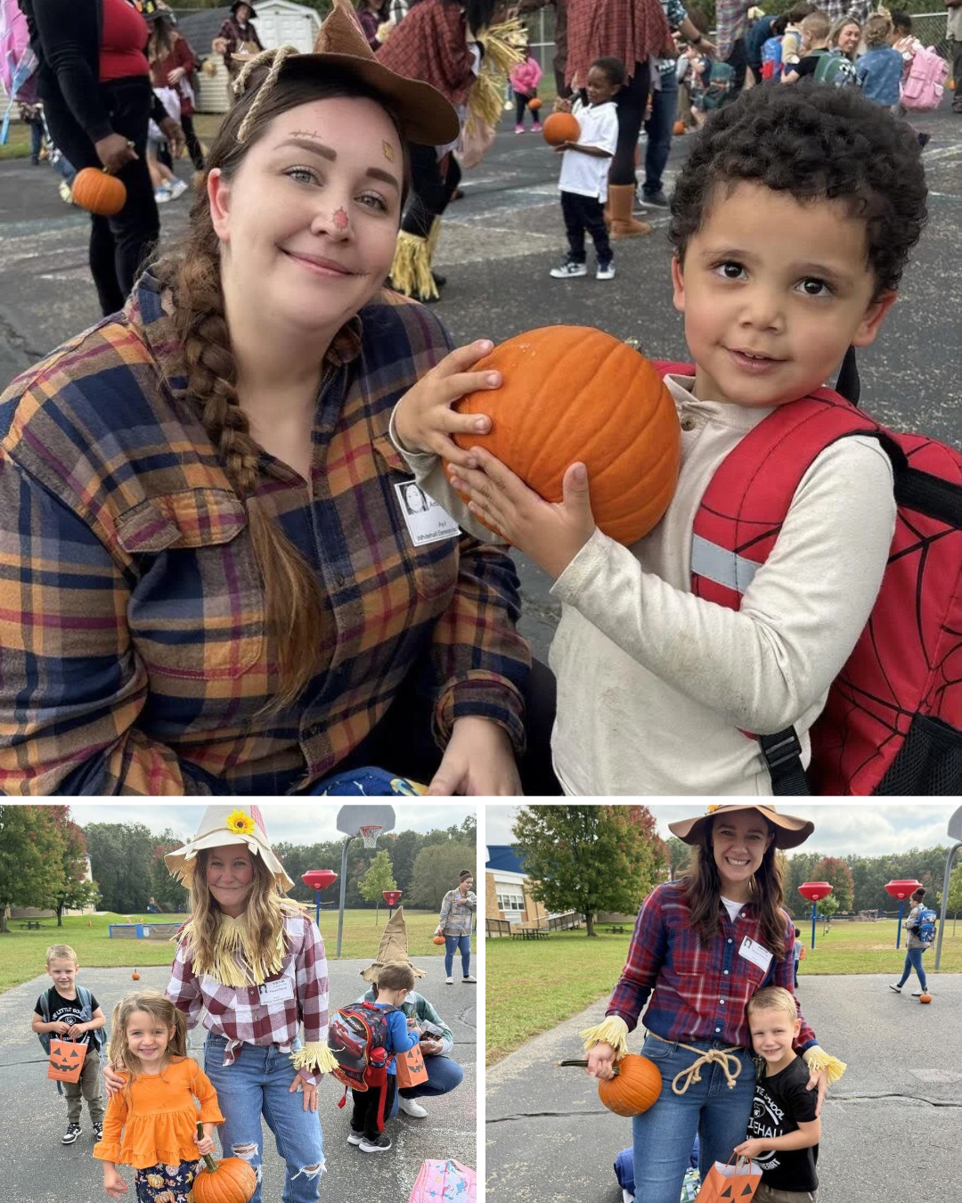 A woman dressed as a scarecrow poses with a smiling child holding a pumpkin at an outdoor school event.