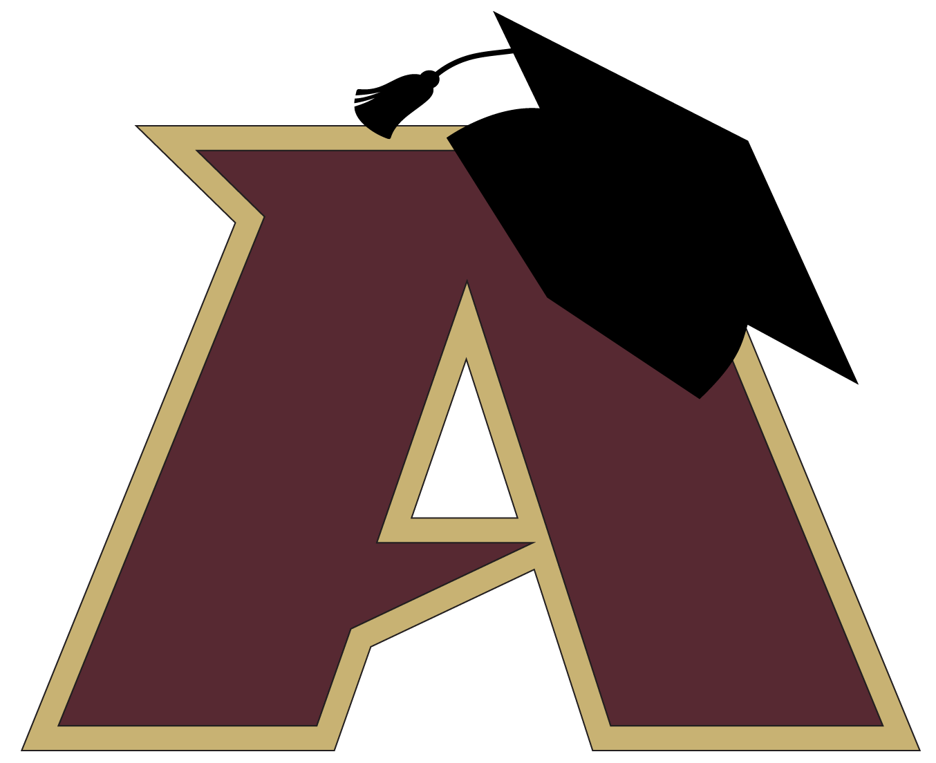 Stylized letter 'A' in dark red with gold outlining, serving as the logo for Algonquin Regional High School. The design features a 3D geometric effect, giving depth and dimension to the letter, with bold, angular, and sharp edges.