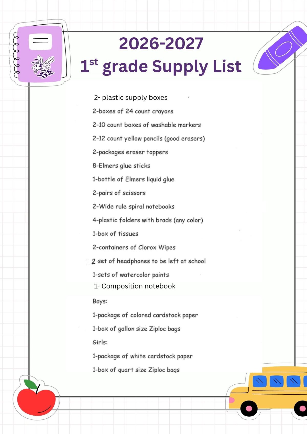 A 1st-grade supply list for the 2026-2027 school year, featuring school supplies like crayons, markers, glue, and notebooks.