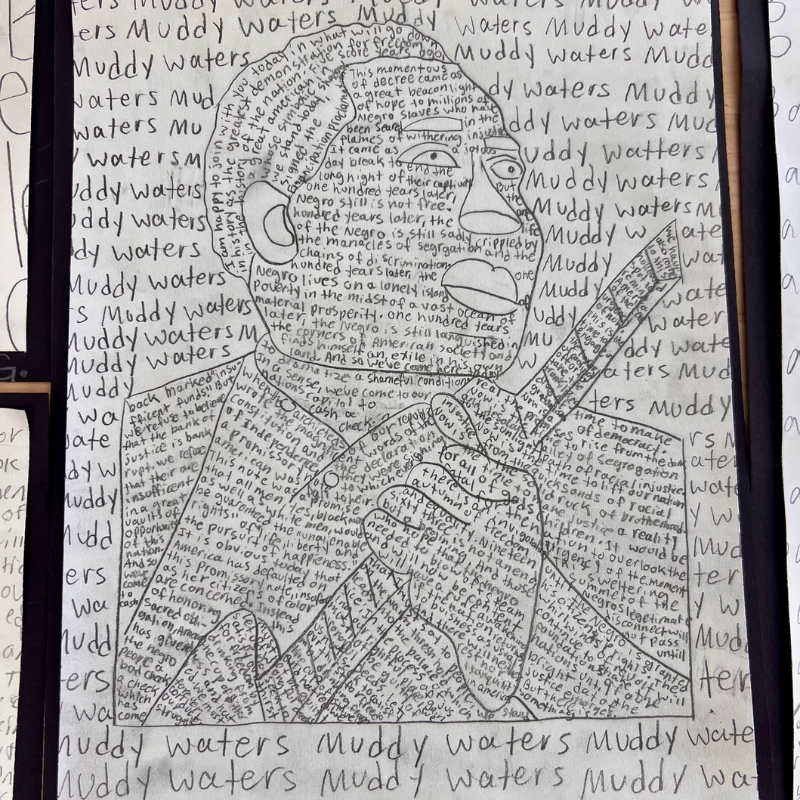 A pencil sketch portrait of a man, possibly a musician, is composed entirely of text, with the words 'Muddy Waters' repeated around the outline.