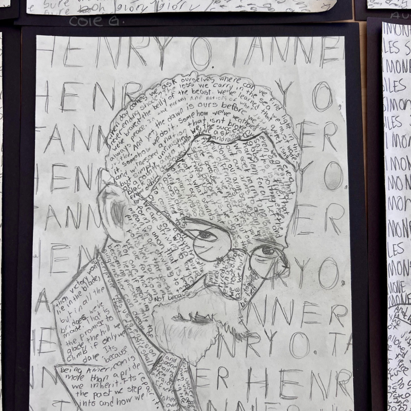 A pencil sketch of Henry O. Tanner's portrait, with text forming the facial features and background.