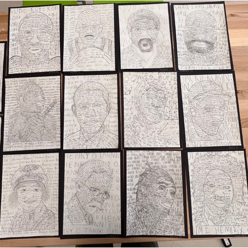 A collection of twelve framed pencil drawings of famous individuals, each portrait composed of text.