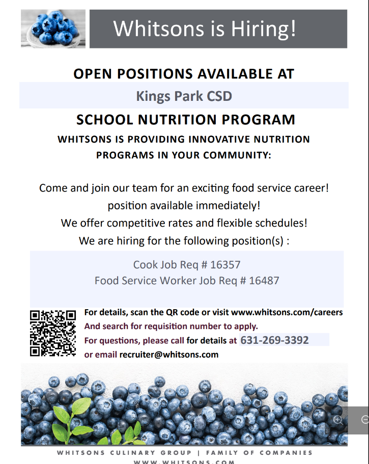 Whitsons is HIRING Food Service workers in Kings Park!