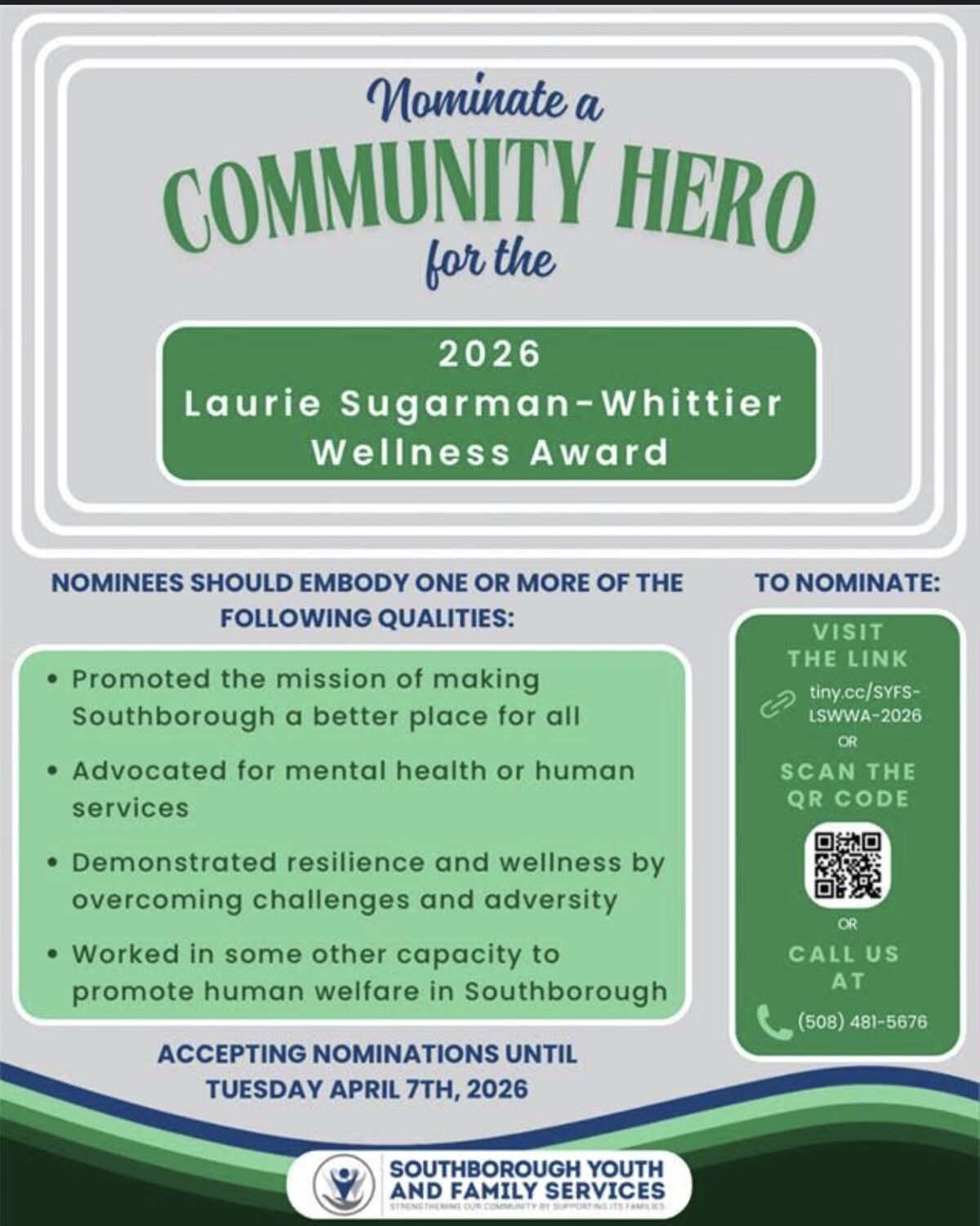 Poster announcing nominations for the 2026 Laurie Sugarman-Whittier Wellness Award for Community Heroes.