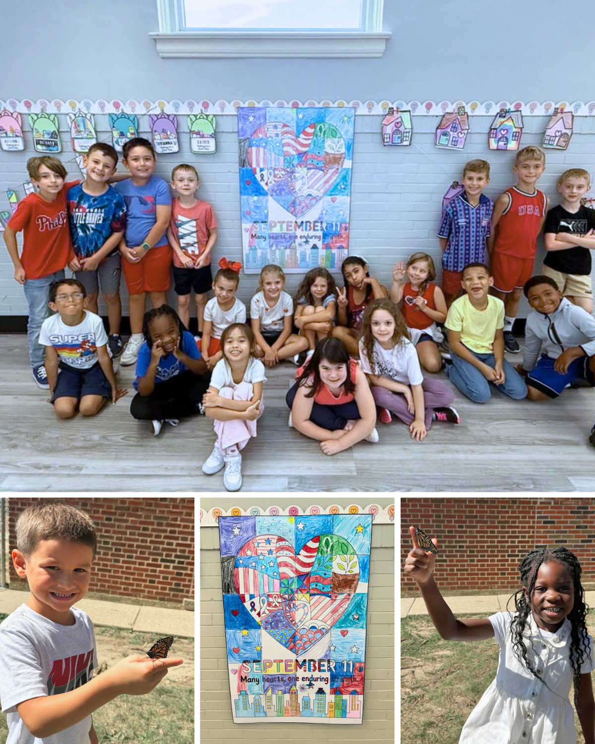 A group of students pose together in a classroom next to a colorful September 11 commemorative art poster.
