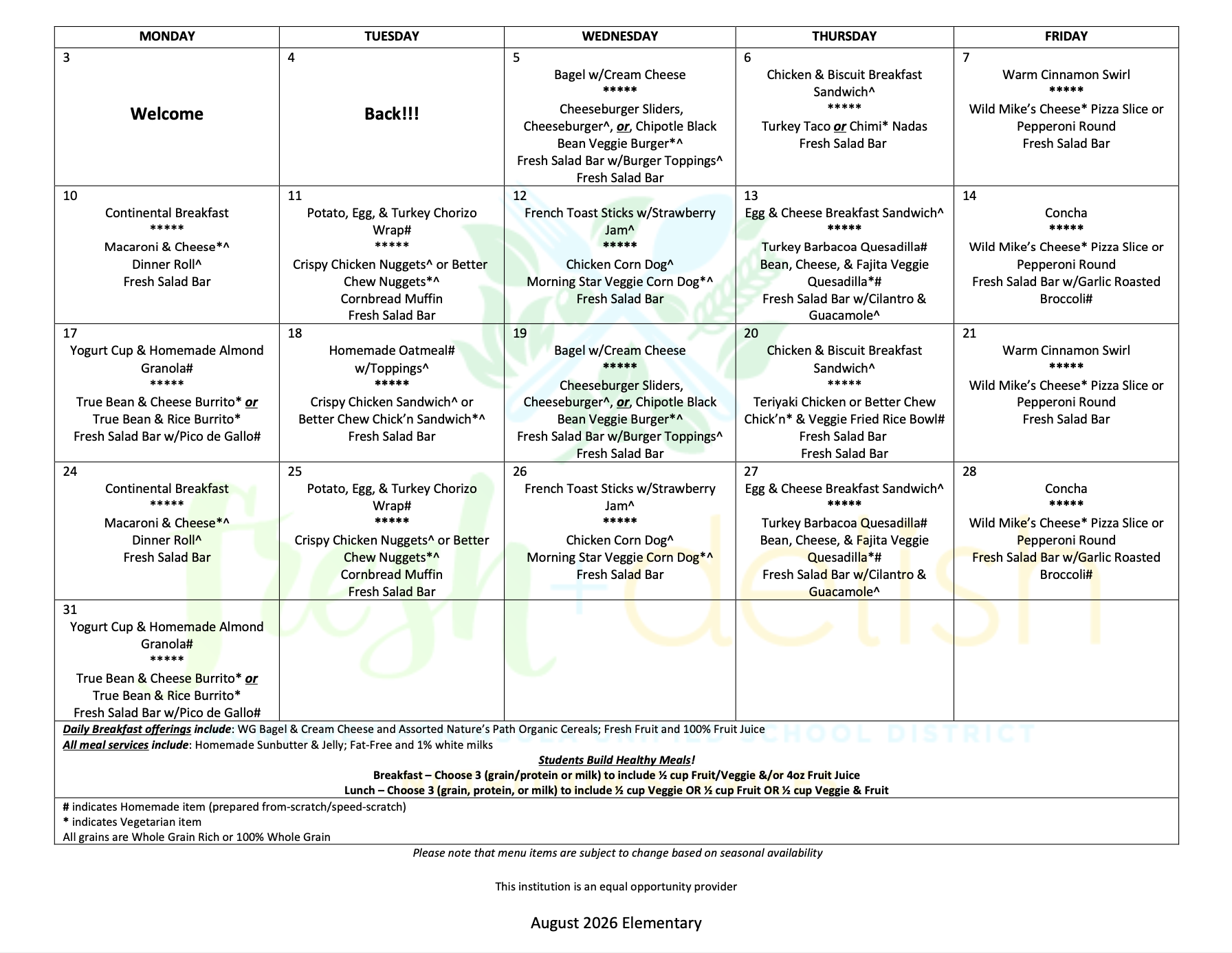 🍎 MLK Elementary: August 2026 Breakfast & Lunch Menu