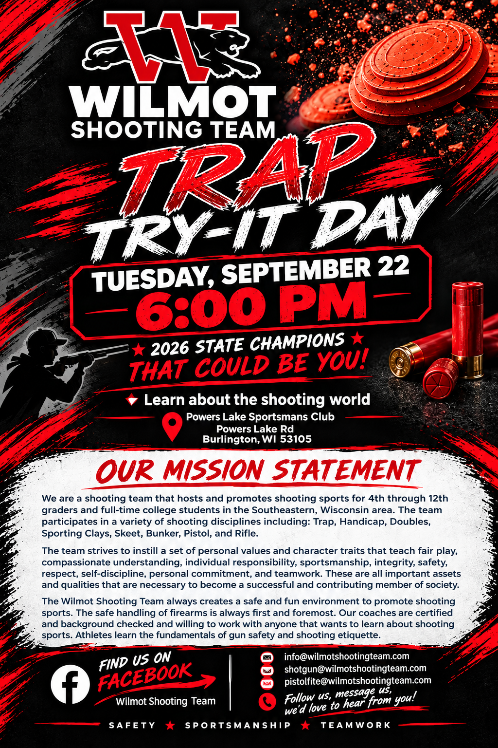 A promotional flyer for the Wilmot Shooting Team Trap Try-It Day on Tuesday, September 22, at 6:00 PM.